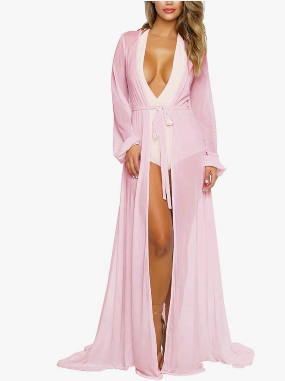 Sheer Pink Long Robe with Waist Tie